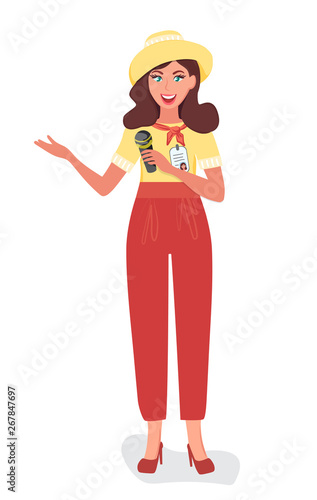 The Museum guide with a microphone tells about the exhibits and attractions. People and tourism vector illustration