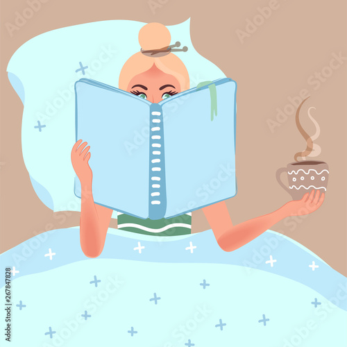 Girl in bed reading a book and drinking coffee. Morning ritual, relaxation, Breakfast, first lunch. Vector illustrations of people in social conditions