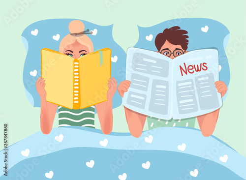 Husband and wife resting in bed. She reads a book and he reads a newspaper. Family relations or psychological problems. Vector illustration of people in family life