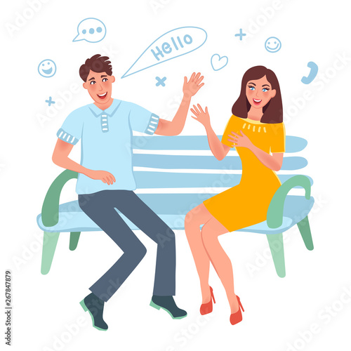 Acquaintance a girl and a guy. A young man and a girl sitting on a bench and communicate.  Vector illustration of happy people and romantic relationships