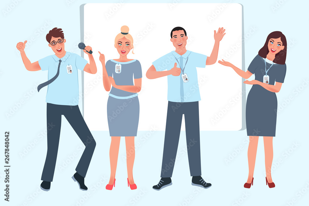 Obraz premium A group of young talented businessmen and coaches celebrate the victory. Vector illustration of a group of people