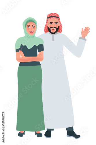 Happy man and woman in Muslim clothes hugging and smiling. Vector illustration of the national family