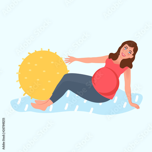 pregnant girl doing Pilates. Fitness classes during pregnancy. Vector illustration