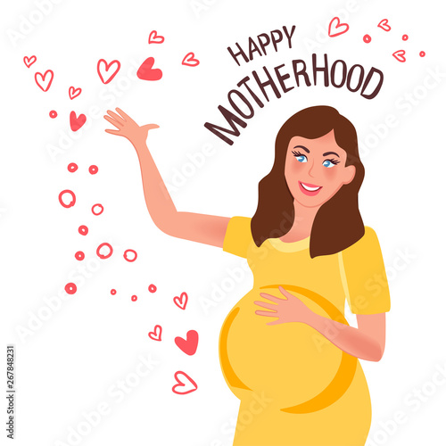 Mom-to-be is happy. A pregnant woman smiles with her hand raised. Vector illustration of pregnancy