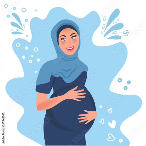 Pregnant Muslim woman in hijab smiling. Vector illustration of happy pregnancy