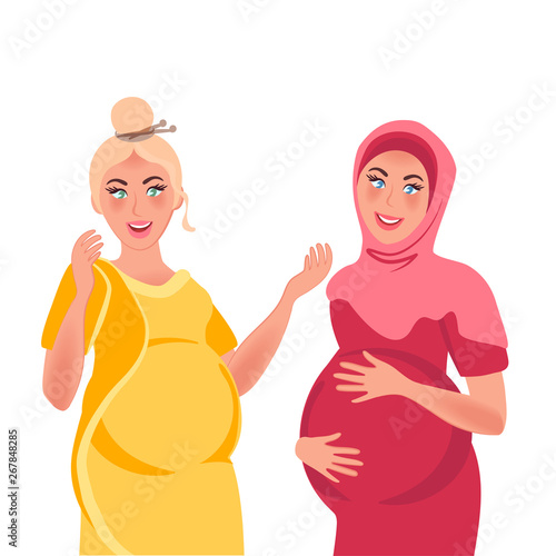 Two pregnant women of Arab and European appearance. Expectant mothers waiting for the baby. Vector illustration of pregnancy