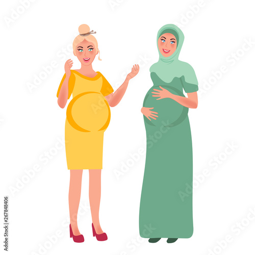Two pregnant women of Arab and European appearance. Expectant mothers waiting for the baby. Vector illustration of pregnancy