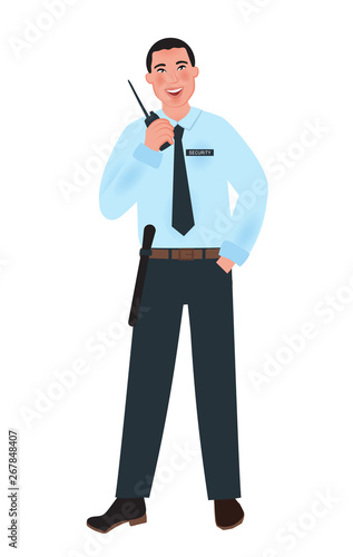 Man security guard holding a portable radio transmitter. Vector illustration of people in the profession