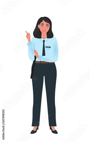 The guard girl of Asian appearance in the uniform of a policeman pointing his finger up. Vector illustration of people in the profession