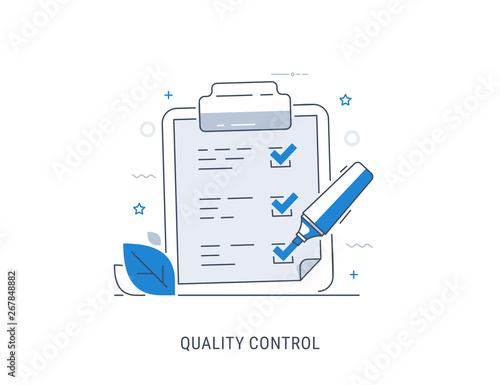 Quality control check. Flat modern line-art vector illustration.