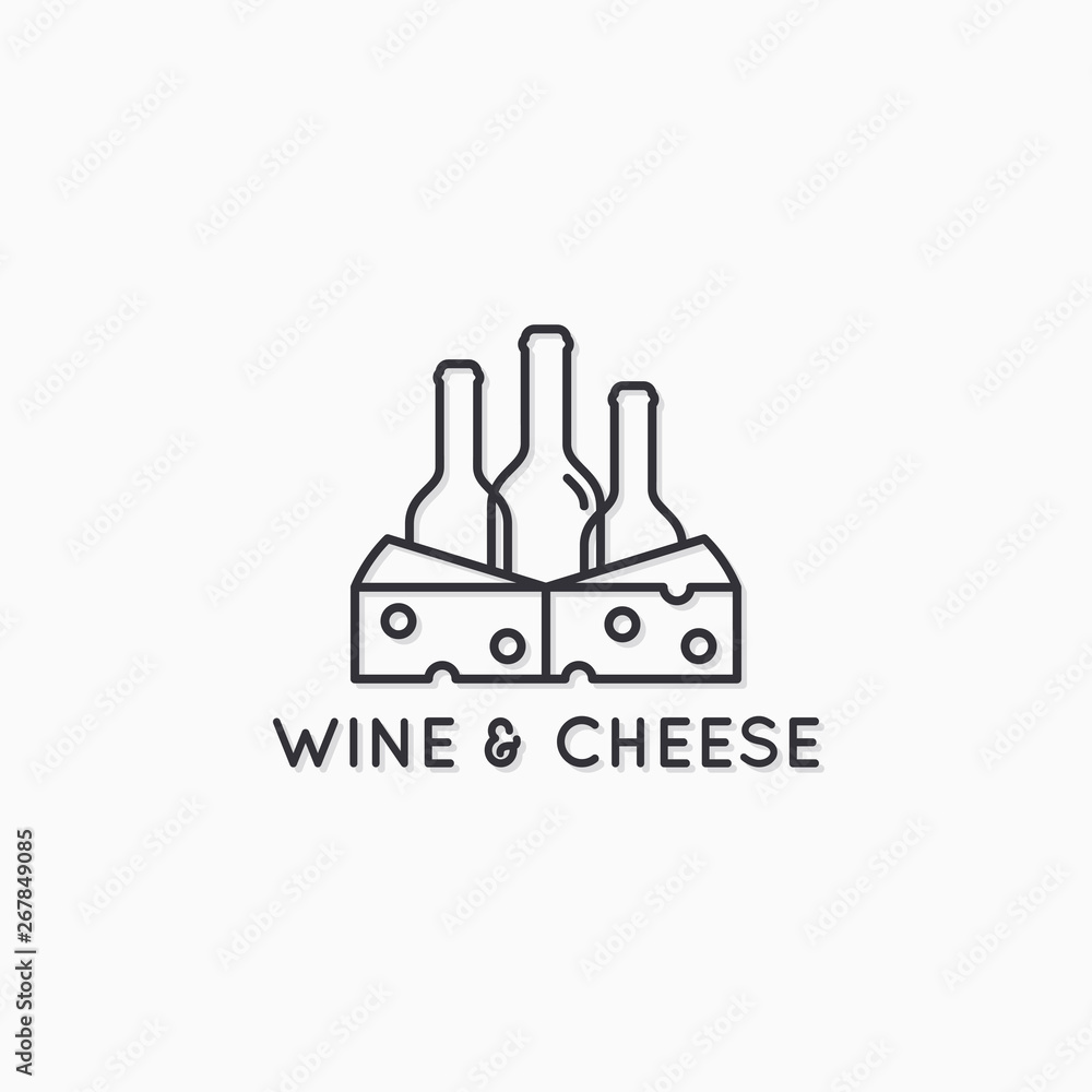 Wine and cheese linear logo. Wine bottles Wine and cheese linear logo. Wine bottles