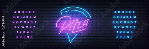 Pizza neon template. Glowing lettering pizza sign for bar, pub, restaurant.