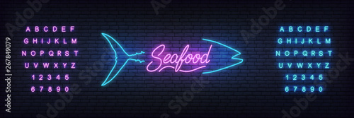 Seafood neon template. Glowing lettering seafood sign for bar, pub, restaurant.