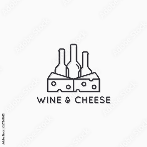 Wine and cheese linear logo. Wine bottles