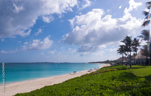 Sunny Windy day over a peaceful beach in the Bahamas  Nassau  and a view of distant islands in the Atlantic Ocean.