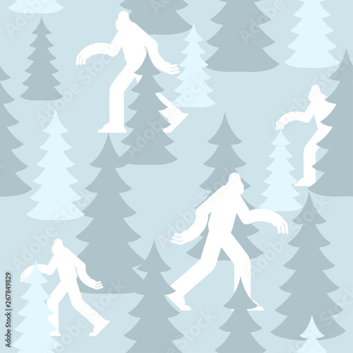 Yeti in forest Winter military pattern. white Bigfoot clothing texture. Blue Army background. sasquatch Protective soldier ornament. Vector illustration