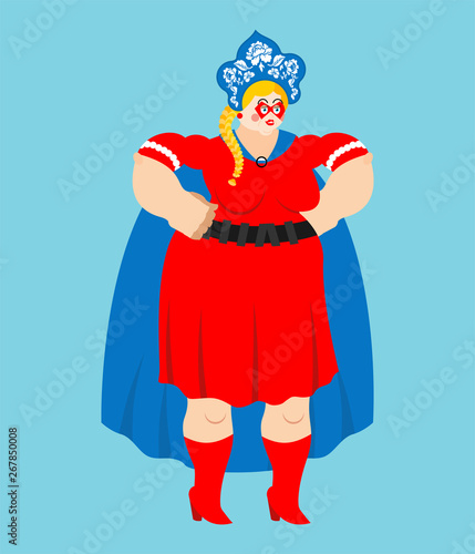 Russia superhero. Super russian woman in mask and raincoat. Strong girl