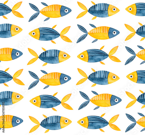 Photography Seamless repeatable pattern with cute little fish in navy blue and bright yellow color