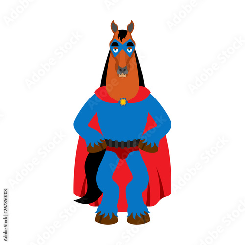 Horse superhero. Super hoss in mask and raincoat. Strong animal photo