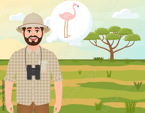 Happy man in cork hat, animal hunter thinks about flamingo, safari landscape, umbrella acacia, African countryside, vector illustration