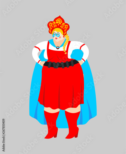 Russia superhero. Super russian woman in mask and raincoat. Strong girl