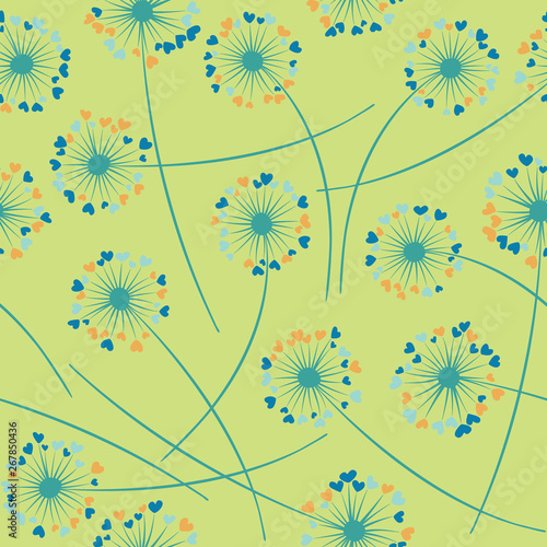 Cute dandelion blowing vector floral seamless pattern. Cute flowers with heart shaped fluff flying. Vector dandelion herbs meadow flowers floral background. Hearts love symbols meadow blossom.
