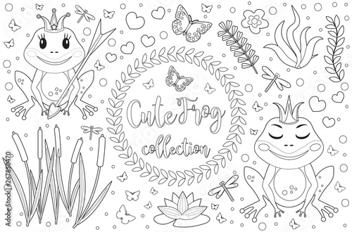 Cute frog princess Coloring book page for kids. Collection of design element with marsh reeds  flowers  plants. Childrens baby clip art funny smiling animals. Vector illustration.