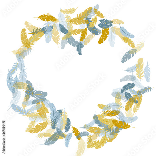 Paradise silver gold feathers vector background. Angel wing plumage concept. Fluffy twirled feathers on white design. Smooth plumelet tribal ornate graphics.