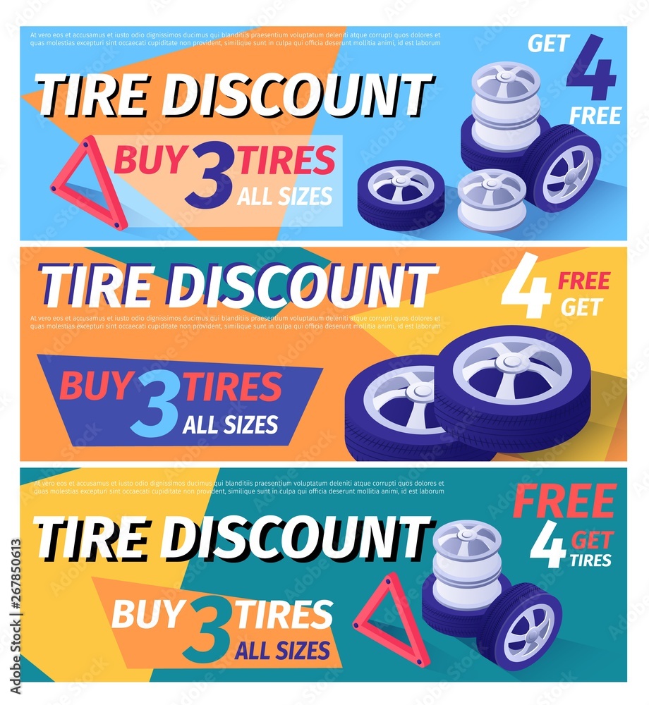 Set of Header Banner Offering Car Tire Discount. Vector 3d Illustration