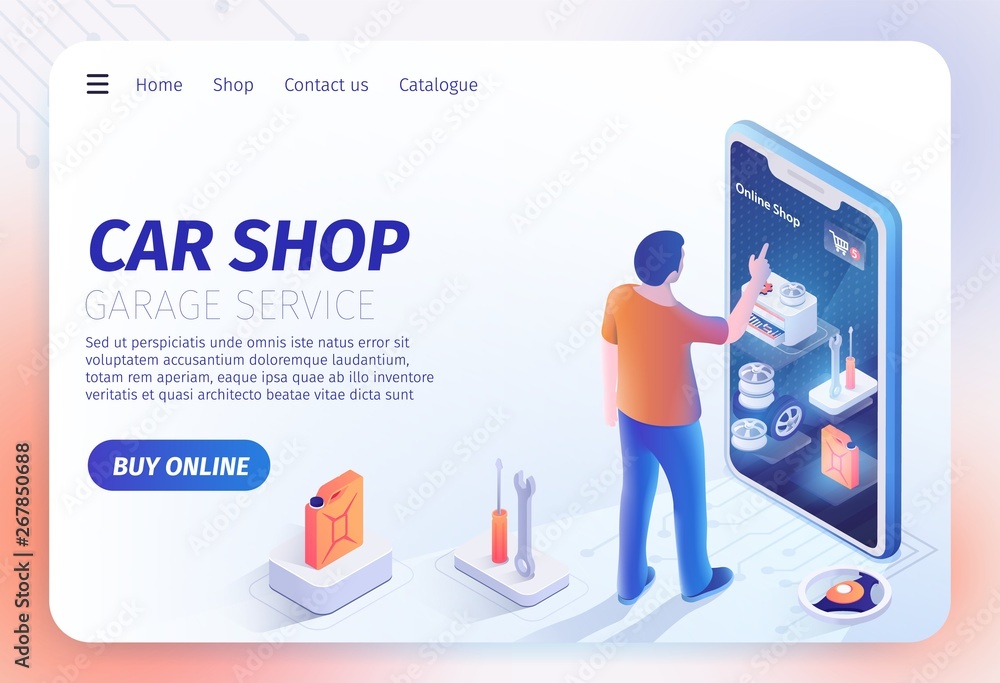Landing Page for Online Car Shop Application on Phone. Man Using Mobile Device for Search, Order, Purchase Automotive Goods for Automobile Repairing. Vector 3d Illustration with Isometric Tools Icons Landing Page for Online Car Shop Application on Phone. Man Using Mobile Device for Search, Order, Purchase Automotive Goods for Automobile Repairing. Vector 3d Illustration with Isometric Tools Icons