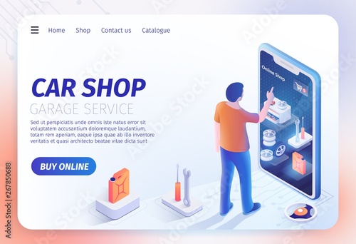 Landing Page for Online Car Shop Application on Phone. Man Using Mobile Device for Search, Order, Purchase Automotive Goods for Automobile Repairing. Vector 3d Illustration with Isometric Tools Icons