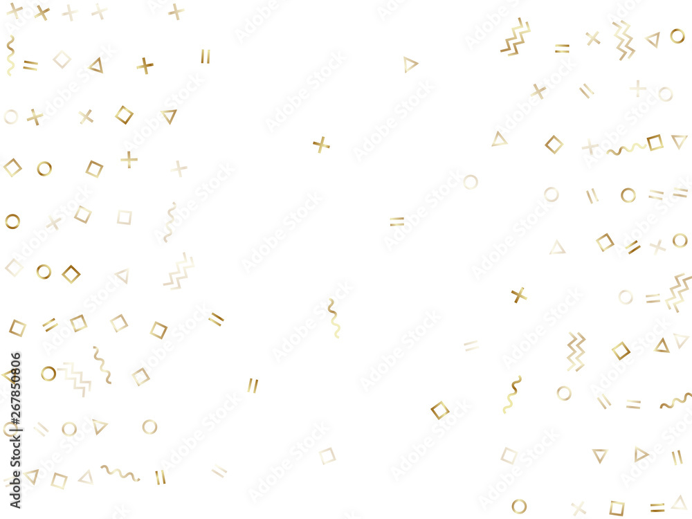 Memphis style gold geometric confetti vector background with triangle, circle, square shapes, chevron and wavy line ribbons. Modern 80s style memphis gold yellow sparkle confetti falling on white.
