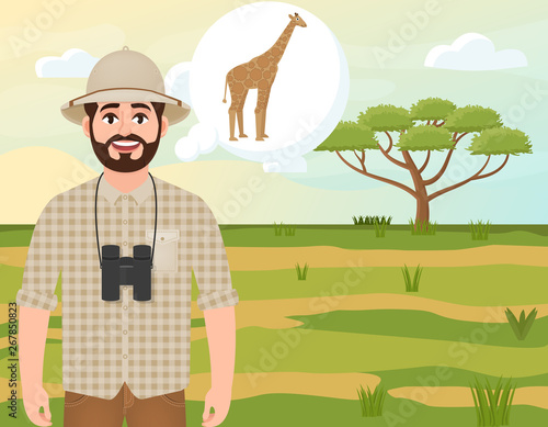 Happy man in cork hat, animal hunter thinks about giraffe, safari landscape, umbrella acacia, African countryside, vector illustration