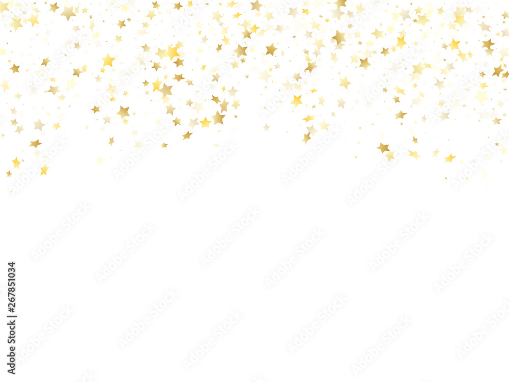 Magic gold sparkle texture vector star background. Rich gold falling magic stars on white background sparkle pattern graphic design. Birthday starburst flying backdrop.