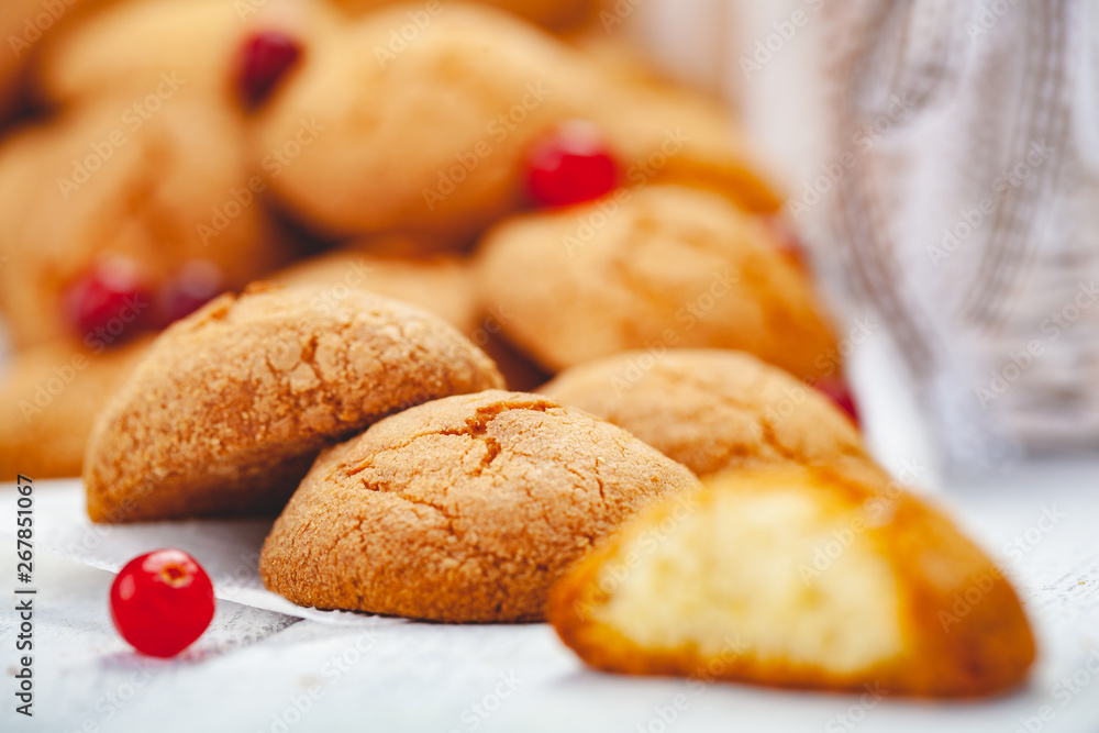Homemade tangerine cookies on wooden rustic table. Close up