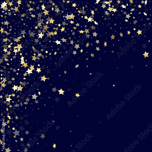 Gold gradient star dust sparkle vector background. Stylish gold star sparkles dust elements on dark blue night sky vector illustration. Birthday starburst lights pattern.
