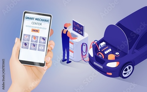 Mobile Application of Smart Mechanic Center Online. Male Hand Holds Phone with Running Auto Maintenance and Repair Shop App. Master and Testing Car with Opened Hood. Vector 3d Isometric Illustration