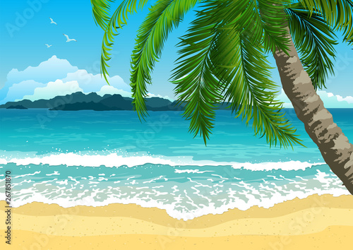 Exotic tropical  landscape with  palms. Palm trees at sunset or moonlight. Seascape. Tourism and travelling. Vector flat design