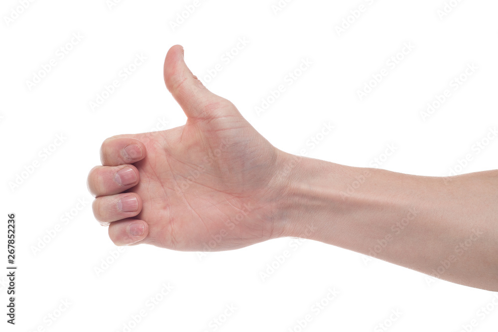 male hand on a white background shows like. Copy space