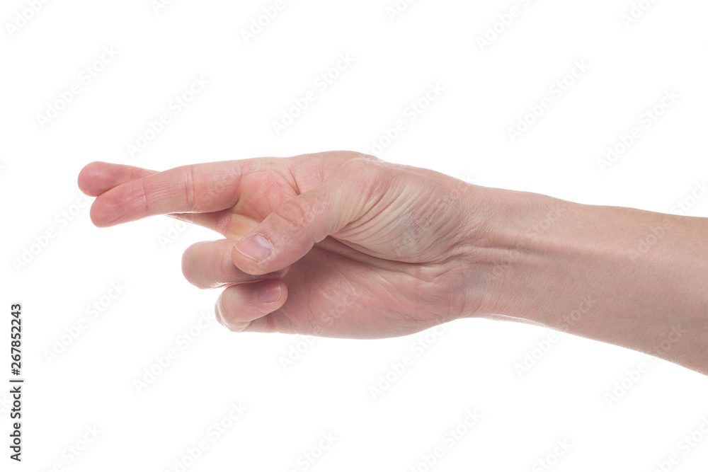 Finger crossed hand sign, good luck symbol isolated on white. Crossed fingers on a white background Finger crossed hand sign, good luck symbol isolated on white. Crossed fingers on a white background