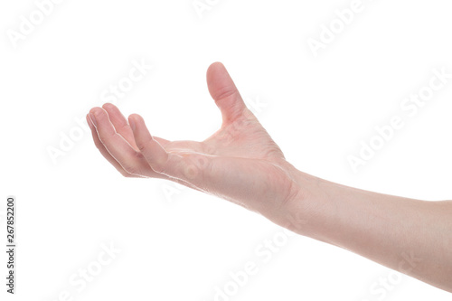 Empty male hand making gesture like holding something isolated on white background.