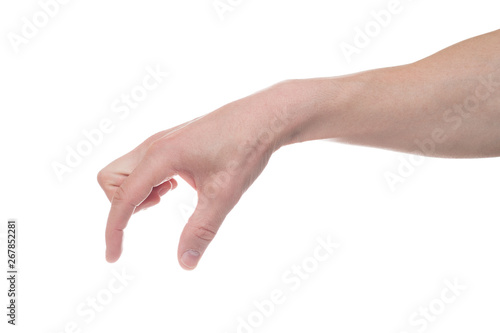 Empty male hand making gesture like holding something isolated on white background.