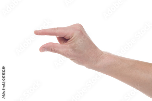 Male caucasian hand gesturing a small amount, or smal size, isolated on white background.
