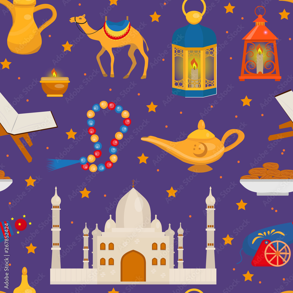 Ramadan kareem seamless pattern with arabic design elements camel, quran, lanterns, rosary, food, mosque. Vector illustration.