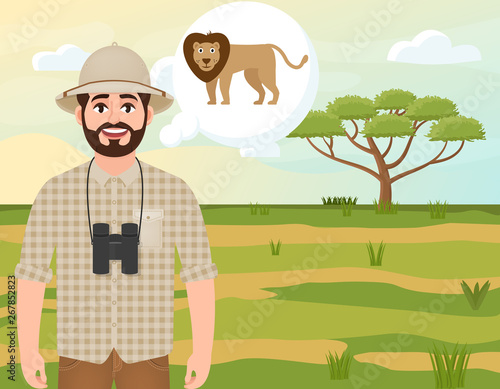 Happy man in cork hat, animal hunter thinks about African lion, safari landscape, umbrella acacia, African countryside, vector illustration