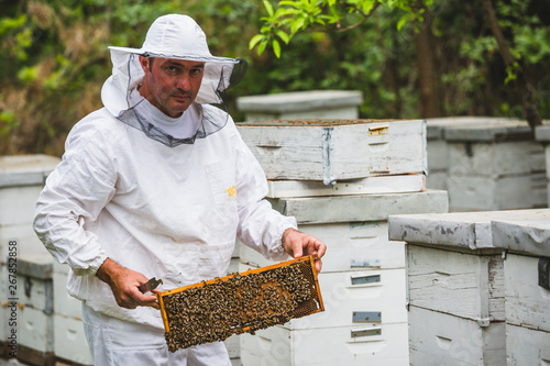 man in protective wear holding honeycomb outdoor