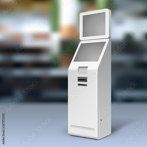 Mockup Payment Information Terminal. ATM, POS, POI Advertising Outdoor, Indoor Stand. 3D Mock Up, Template. Illustration On Realistic Background Shop, Mall. Vector EPS10