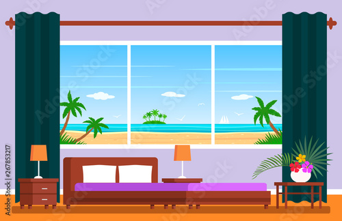 Modern hotel room suite with a panoramic window. Tropical ocean landscape with palm trees and seagulls. flat vector