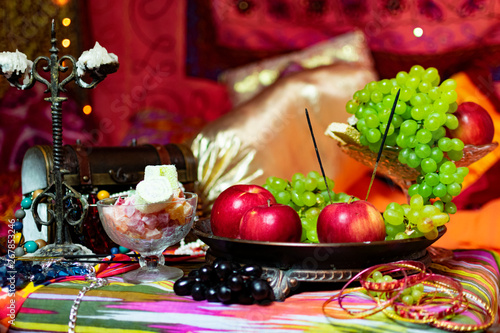 Oriental style with fruit, candy and box