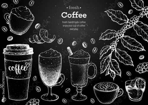 Coffee cups, beans and coffee tree illustration. Vintage design for coffee shop. Engraved vector illustration